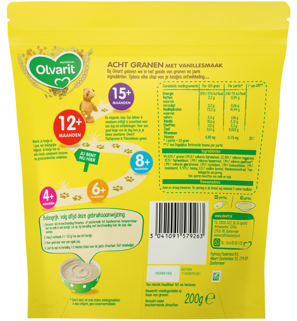Olvarit Ontbijtpap 8granen vanille 12+ maanden (200 gr)