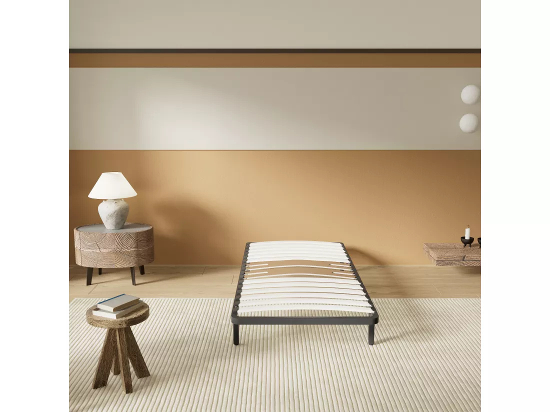 Cadre à lattes en bois 160x200 cm – cadre en acier et lattes en bois – 7 pieds hauteur 25cm – renfort lombaire