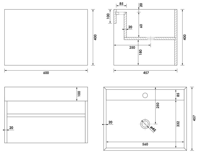Brauer Nova vrijhangende wastafel marmerlook 60cm met kraangat copper brown
