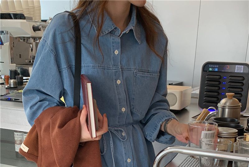 Leoom - Denim midi-jurk met lange mouwen