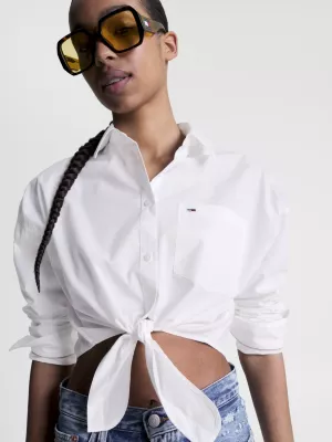 Camisa cropped de popeline com nó frontal