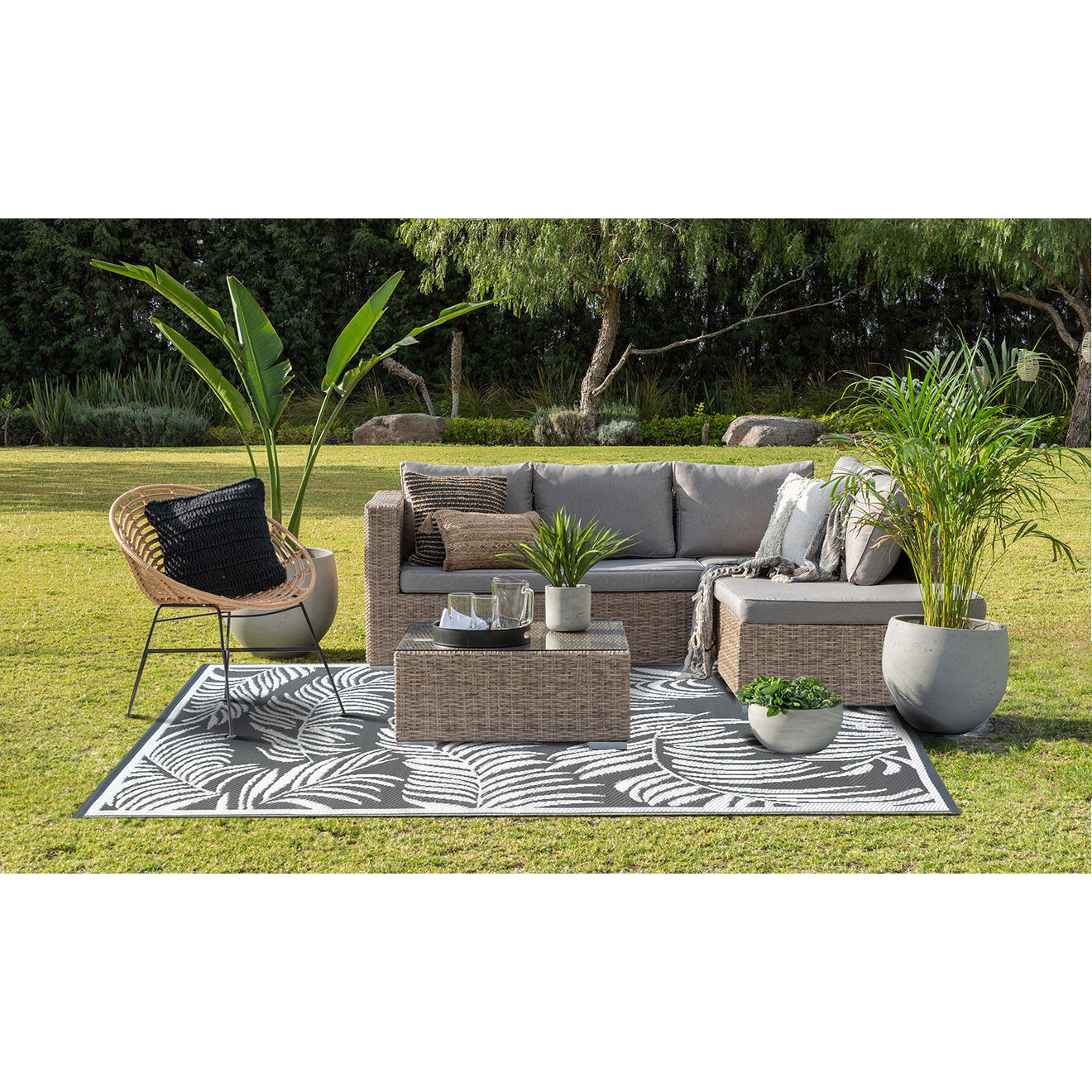 Inkazen Tapis extérieur rectangulaire Hawaï motifs palmiers gris - 180x280 cm
