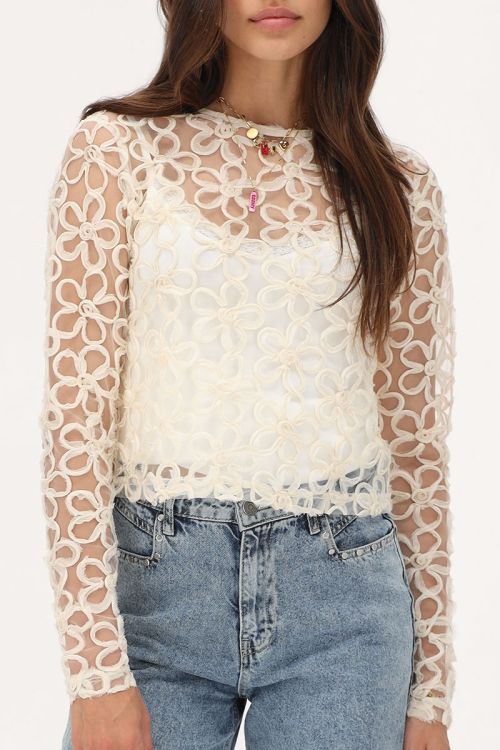 Witte mesh top met all-over bloemen