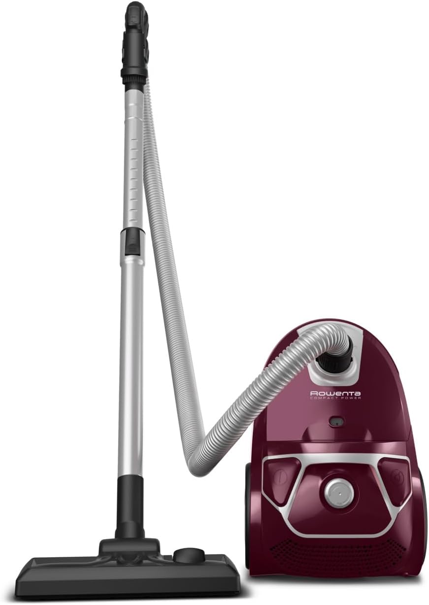 Rowenta Compact Power Staubsauger mit Beutel, 750 Watt, 3 Liter Staubbeutel, 2-in-1-Fugendüse, Home & Car-Set, für alle Bodenarten, kompaktes Design, Bodenstaubsauger, ‎dunkelrot /silber, RO3969EA