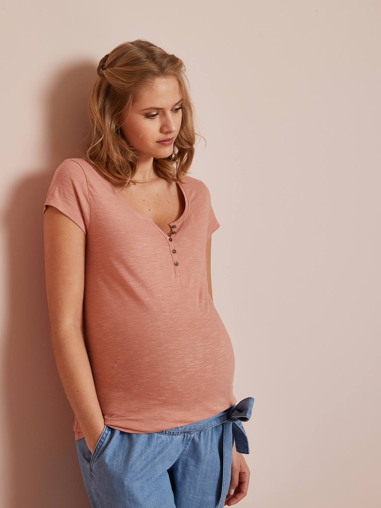 Camiseta tunisiana lisa rosa escuro para maternidade e amamentação