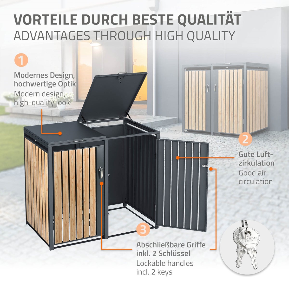 ML-Design Dubbele Bin Opbergkast voor 2 Bins, 240L per stuk, 132x80x116,3cm, Antraciet Lariks Look, Weerbestendige/Afsluitbare Stalen Bindeksel met Scharnierend Klep/2 Deuren, Binbehuizing, Bincontainer, Bindeksel