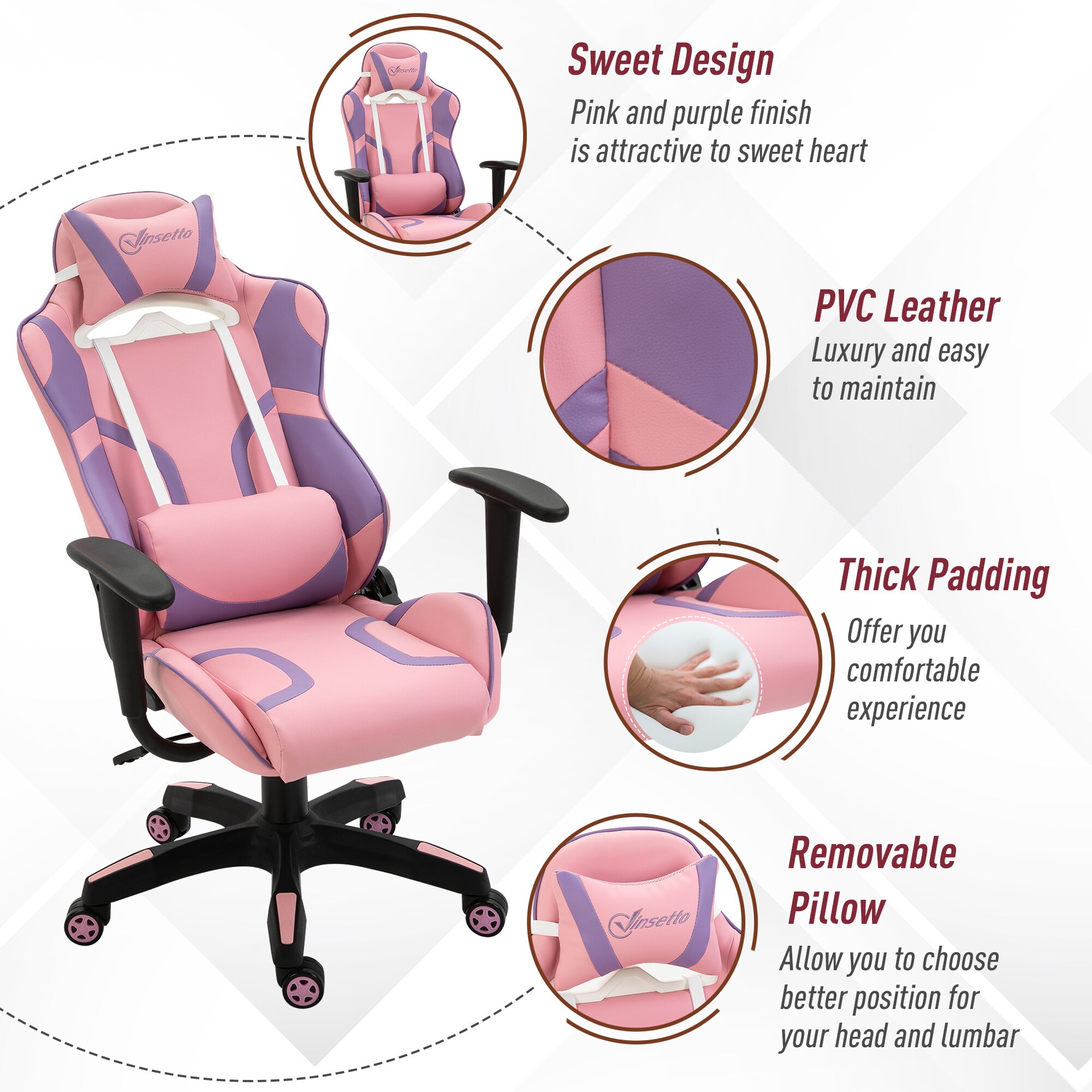 Vinsetto Gamingstuhl ergonomisch rosa, violett 69 x 56 x (116-125,5) cm (BxTxH)