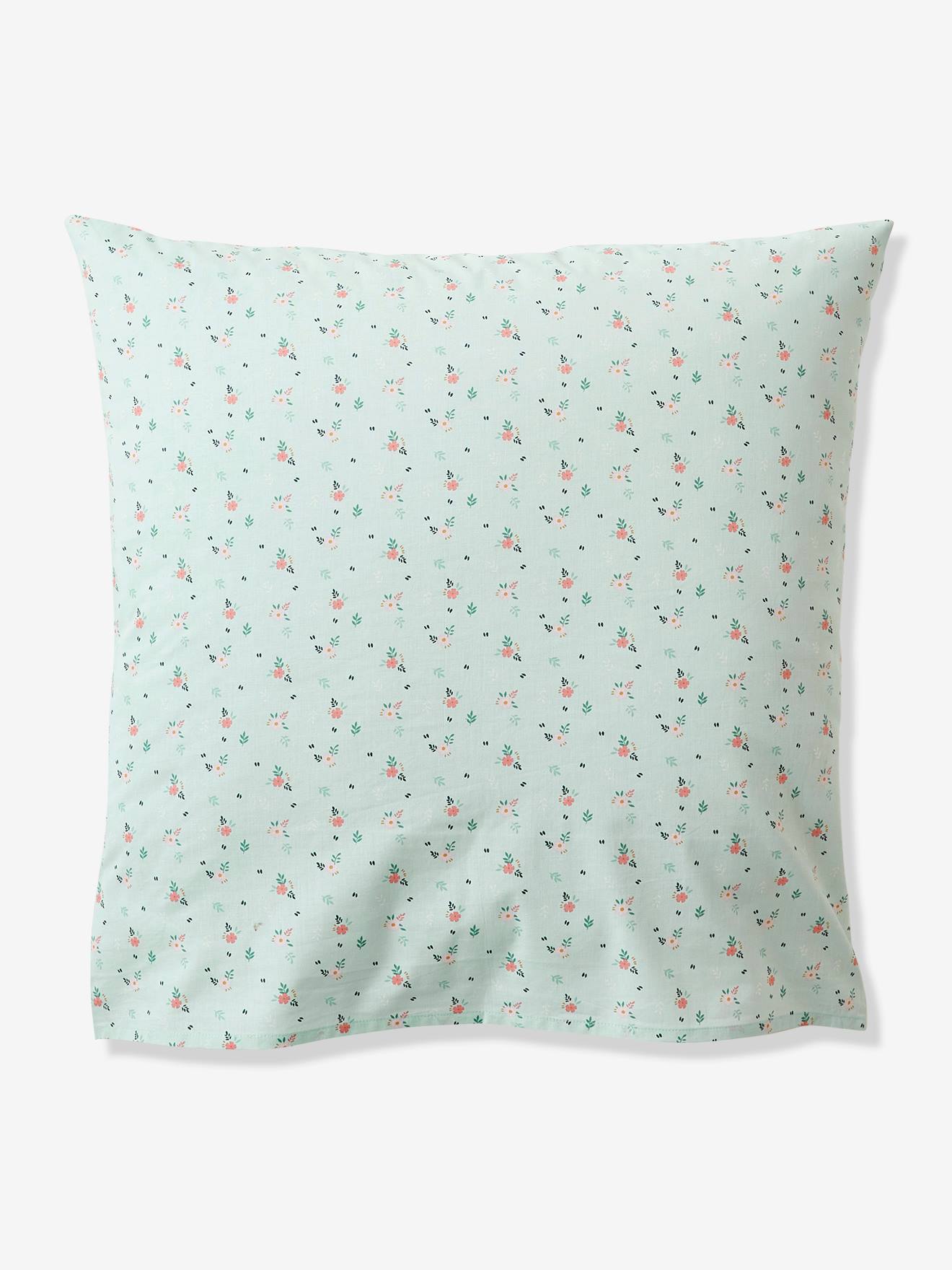 Conjunto de capa de edredom e fronha infantil em algodão orgânico, com estampa floral lisa em branco claro.