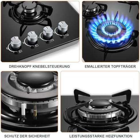 TopStrong Plaque de Cuisson Gaz 4 Feux, 60cm Plaque Gaz 4 Feux avec Sécurité Thermocouple, Cuisinière Encastrable, Naturel/Propane, 8060W, 220 240 V, Verre Noir : Gros électroménager
