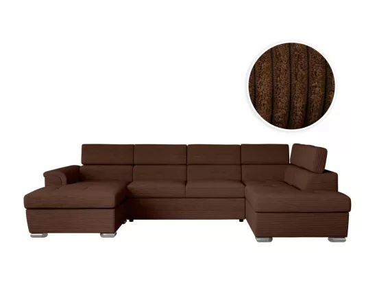 Canapé panoramique 6 places Paola convertible avec 2 coffres en velours côtelé - Marron - L320,5 x P188 x H76cm - Loungitude