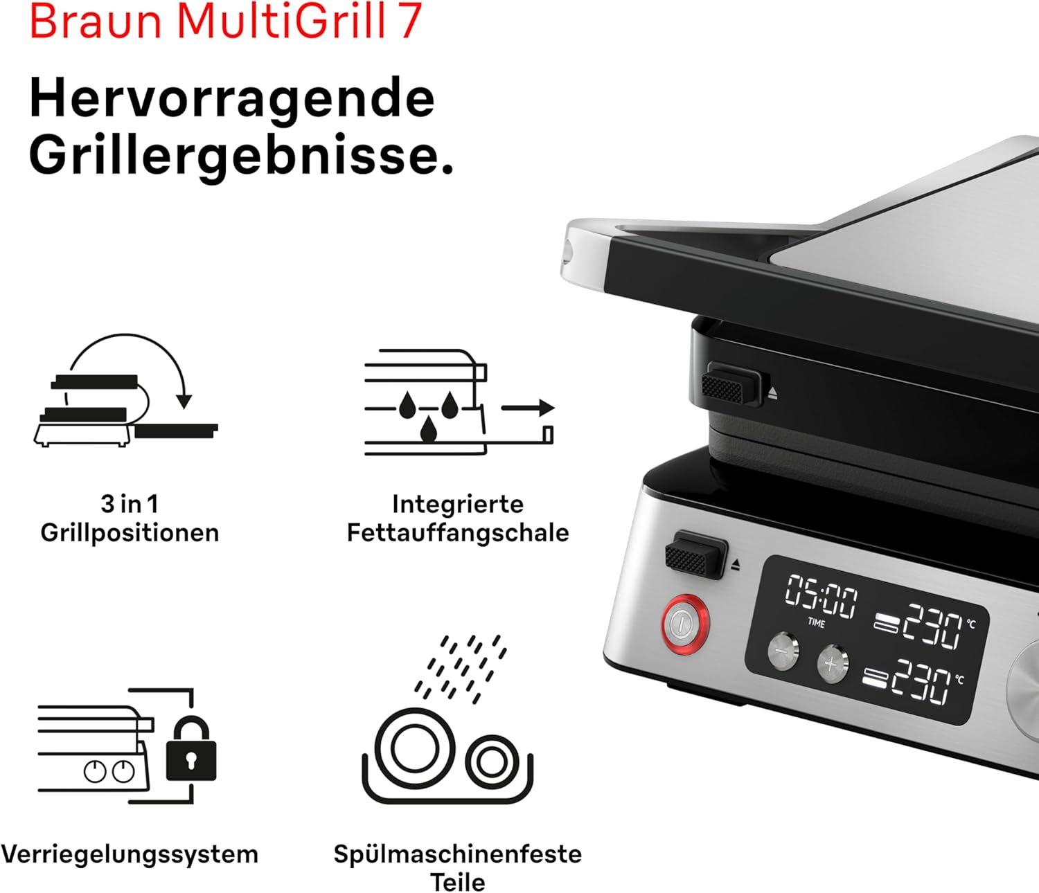 Braun MultiGrill 7 CG7040, 3-in-1 Kontaktgrill, BBQ & Ofen, große Grillfläche (12 Burger), 2000W, 230°, spülmaschinengeeignet (Plancha & Grill), Fettauffangschale, Elektrogrill Indoor