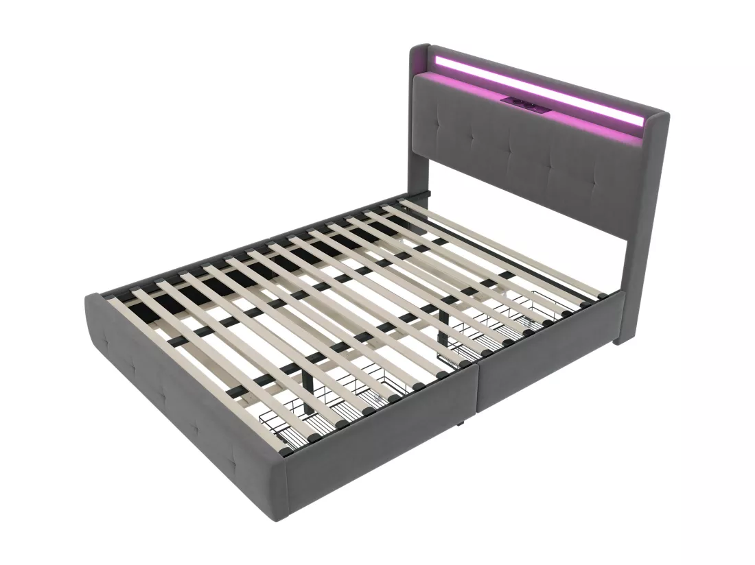 Lit double rembourré 140x200 cm Lit adulte avec lit gigogne éclairage LED 2 tiroirs ports USB et sommier à lattes - gris