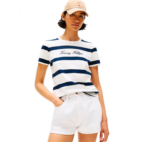 Tommy Hilfiger T-Shirt Script Regular Fit Wide Stp Ivory Silk / Dark Night XS