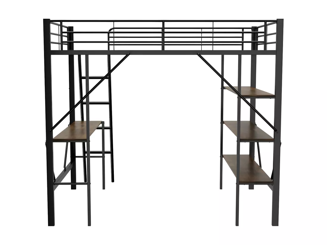 Lit mezzanine en fer - 90x200cm - avec bureau et 3 étagères - Noir