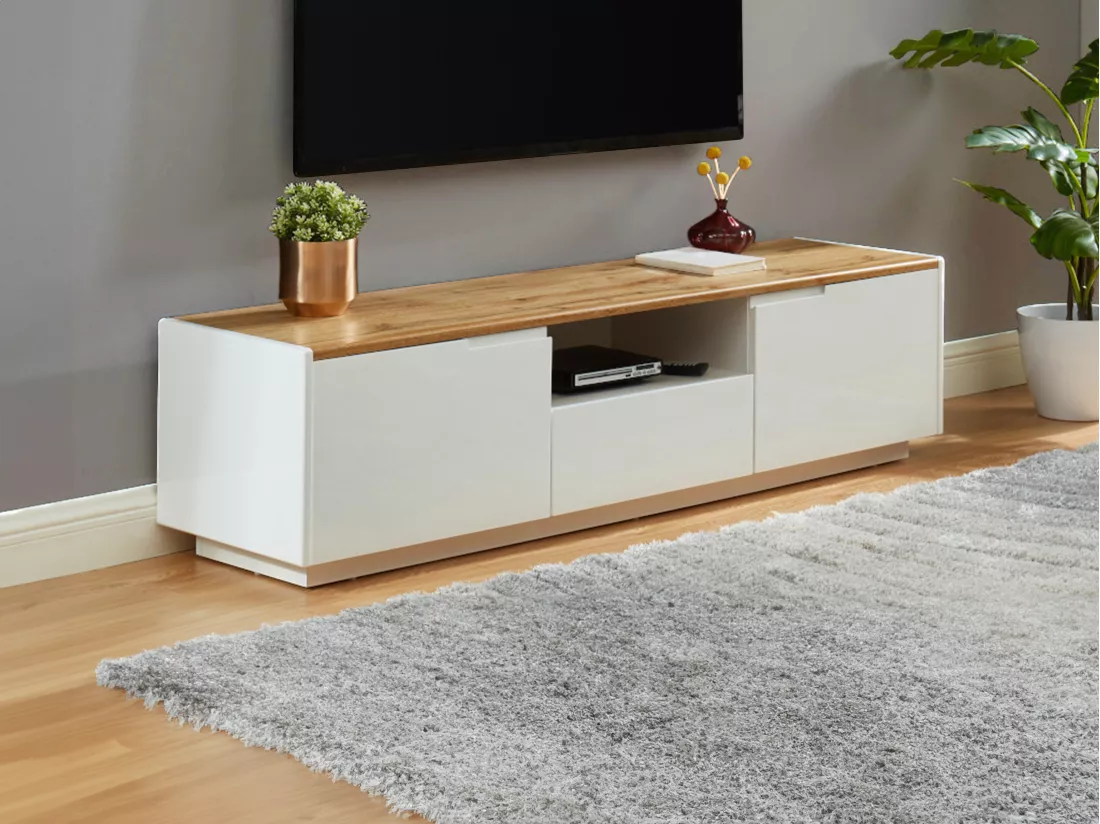 Meuble TV AMANI - 2 portes & 1 tiroir - MDF - Coloris: Blanc laqué et chêne