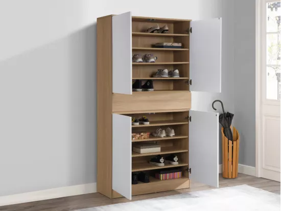 Meuble à chaussures avec 4 portes et 1 tiroir - Blanc et Naturel - COVIANA