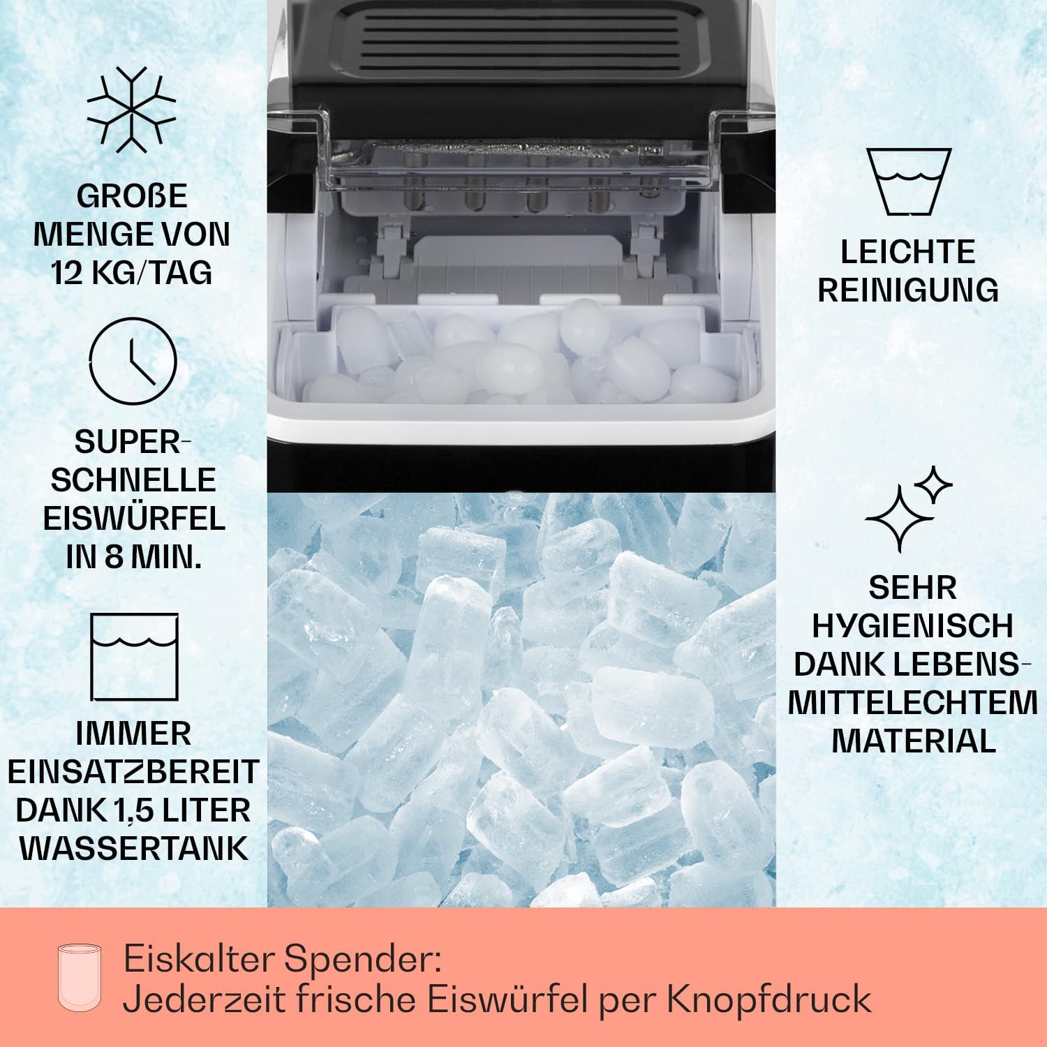 Klarstein Eiswürfelmaschine Klein, 1,5L Eiswürfelbereiter, Eiswürfelmaschine für Große Eiswürfel, Schnelle Mini-Eiswürfelmaschine, Leichte Reinigung, Eiswürfelbereiter 12kg Eis pro Tag