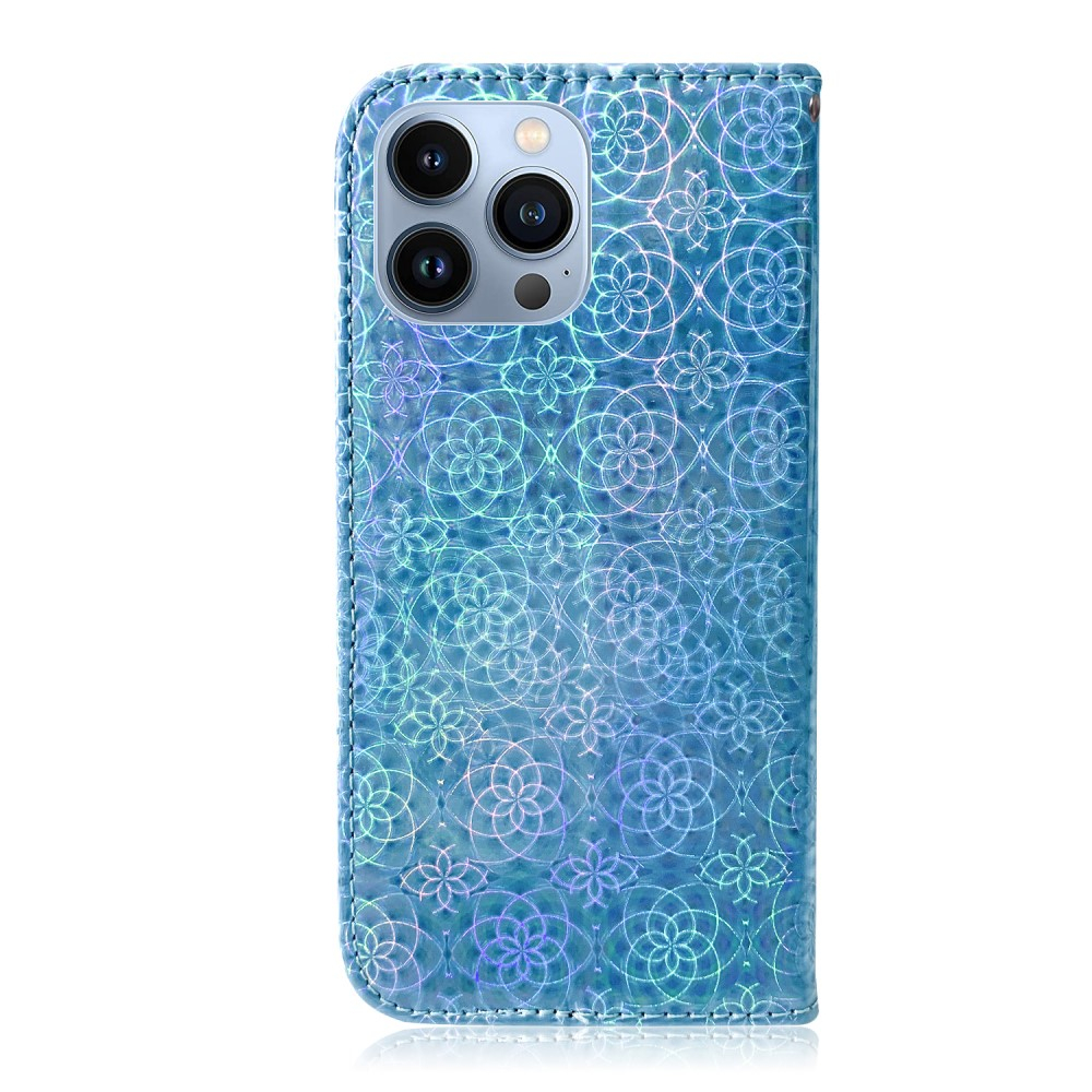 iPhone 13 Pro Leder Tasche Wallet mit Flower Laser Hologramm - Blau