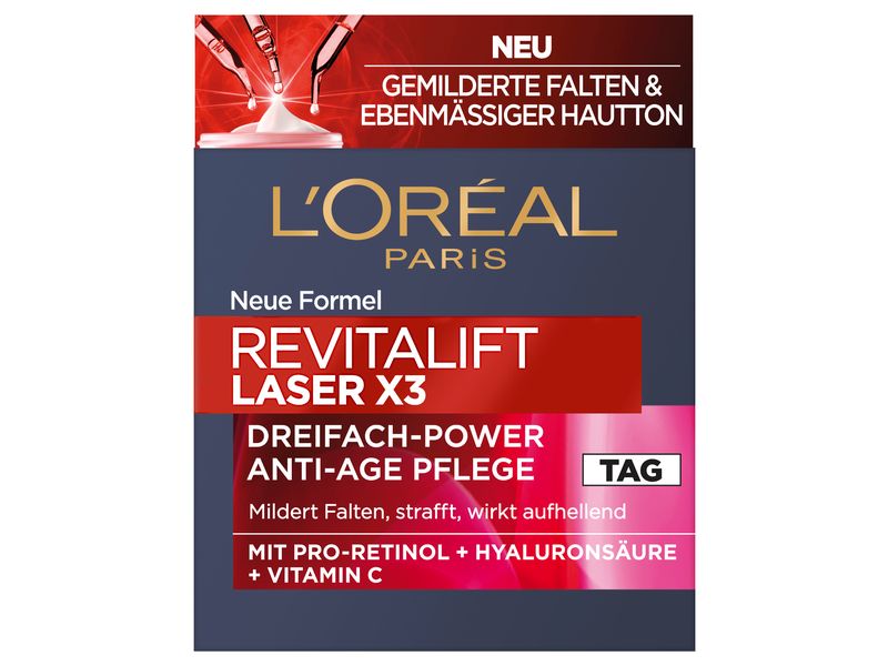 L'Oréal Paris Tagescrème RevitaLift Laser X3 Anti-Age 50 ml Tagespflege mit Pro-Retinol, Hyaluronsäure und Vitamin C