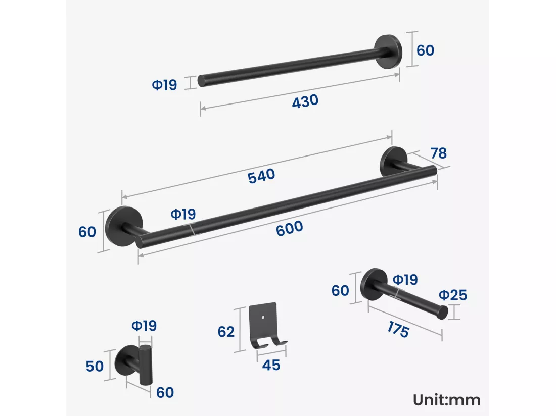 Cecipa MAX Noir Porte-serviettes Mural Salle de Bain Porte-papier Hygiénique en Acier Inoxydable Ensemble de Suspension de Salle de Bain 4 Pièces