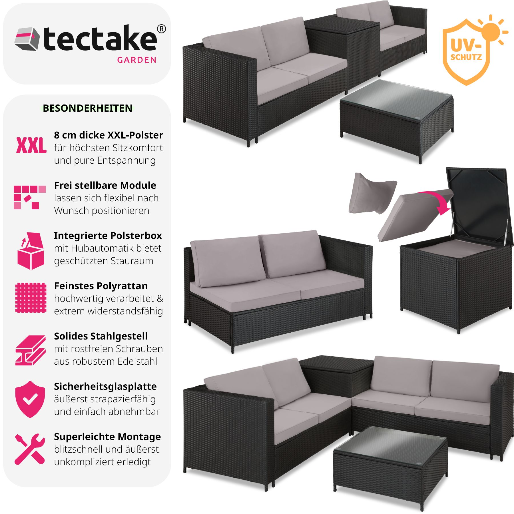 tectake® Rattan Lounge, für 4 Personen, große Aufbewahrungsbox, mit Sicherheitsglasplatte