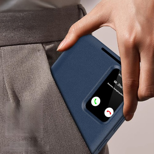 Samsung Galaxy S25 Ultra Leder Hülle Small Window View Flip Case Litchi Look - Dunkelblau