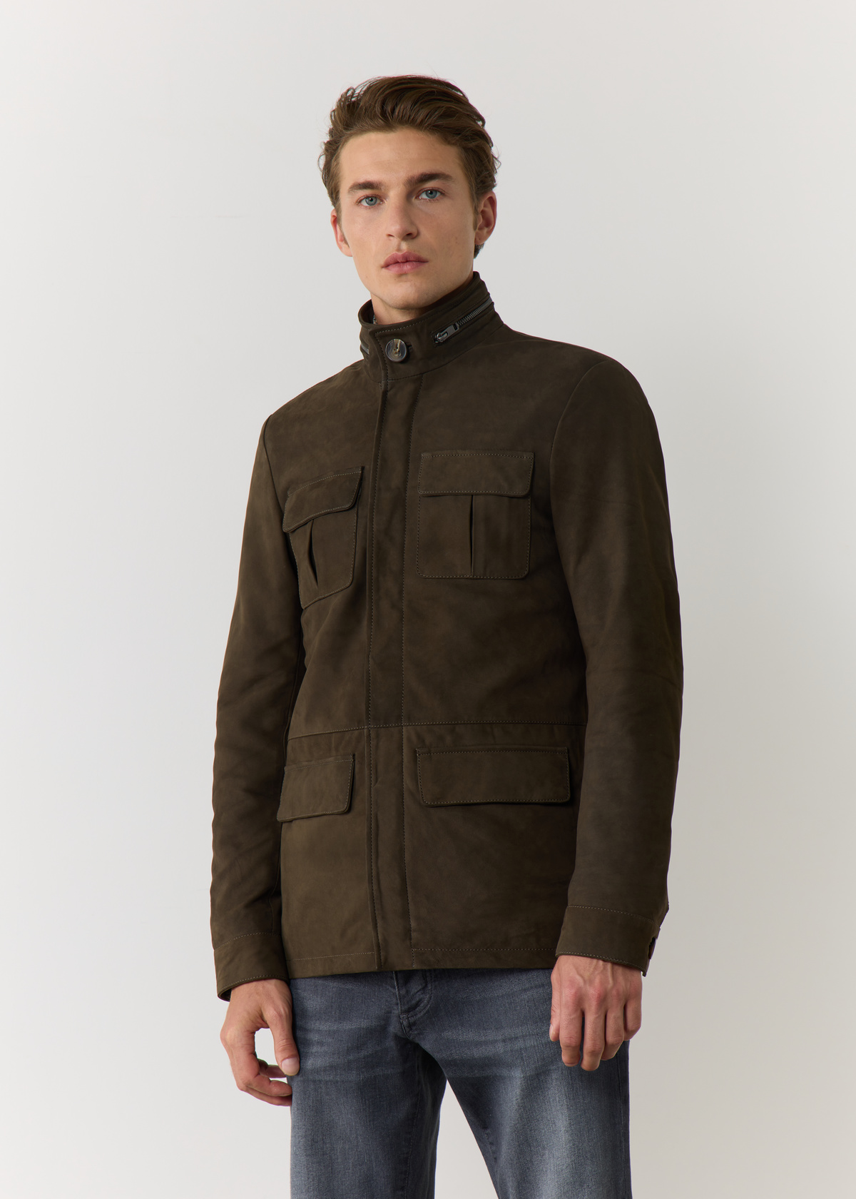 Parka en cuir nubuck uni kaki à capuche amovible