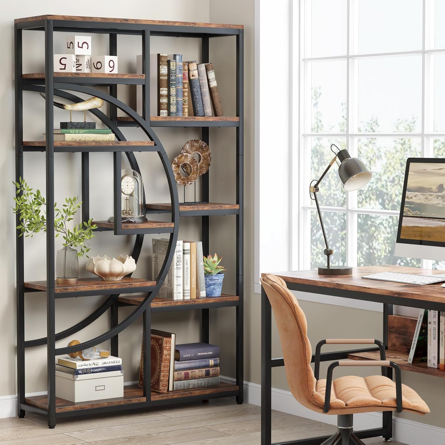 Tribesigns Bücherregal, industrielles 5-stöckiges Etagere-Bücherregal, freistehend, hohe Bücherregale, Display-Regal, Aufbewahrungs-Organizer mit 9 offenen Ablageflächen für Wohnzimmer (2 Stück)