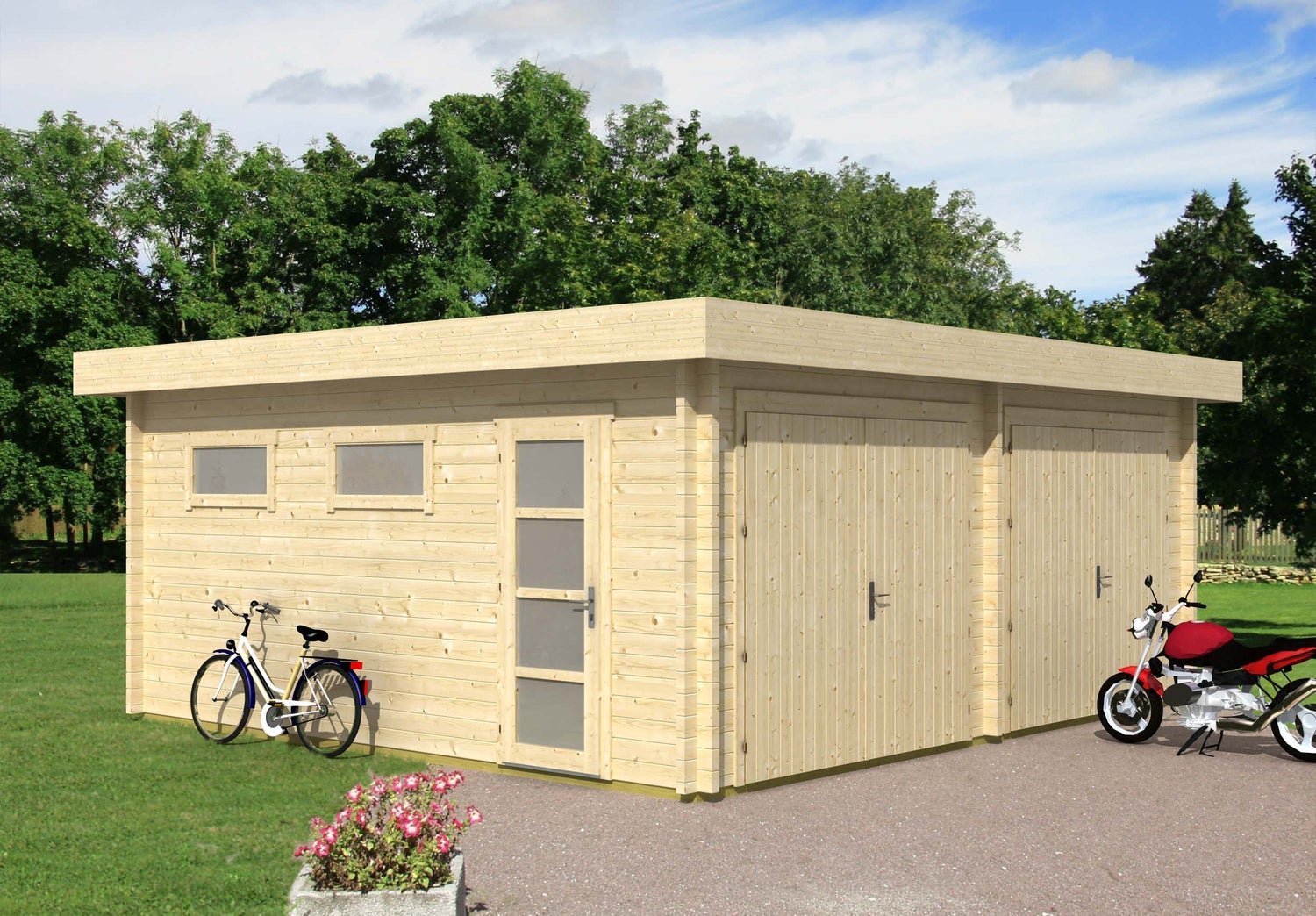 Alpholz dubbele garage met plat dak D-70 ISO, houten garage, carport met 70 mm wanddikte inclusief berging, prefab garage met montagemateriaal, natuurlijke afwerking, 6x5,3m