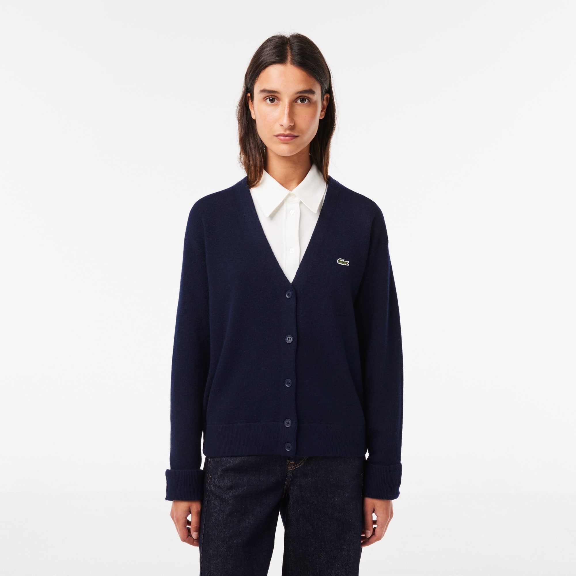 Cardigan femme Lacoste col en V en laine Pullovers - Bleu - Lacoste - Femme