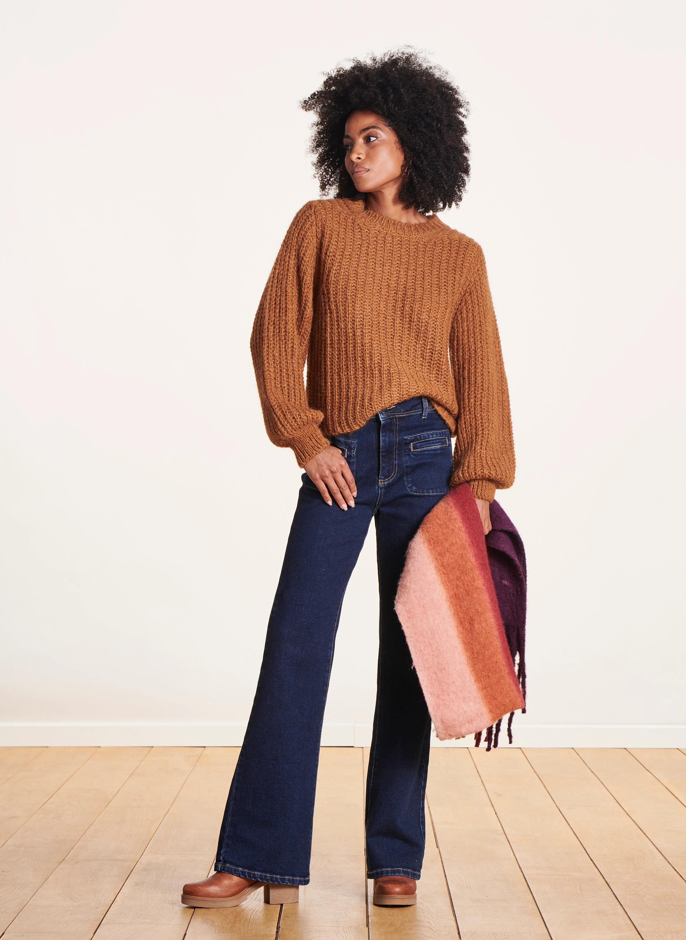 Pull col rond en maille | Marron