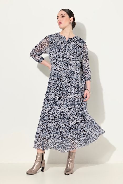 Mesh-Maxikleid, Leomuster, doppellagig, Rundhals, 3/4-Arm