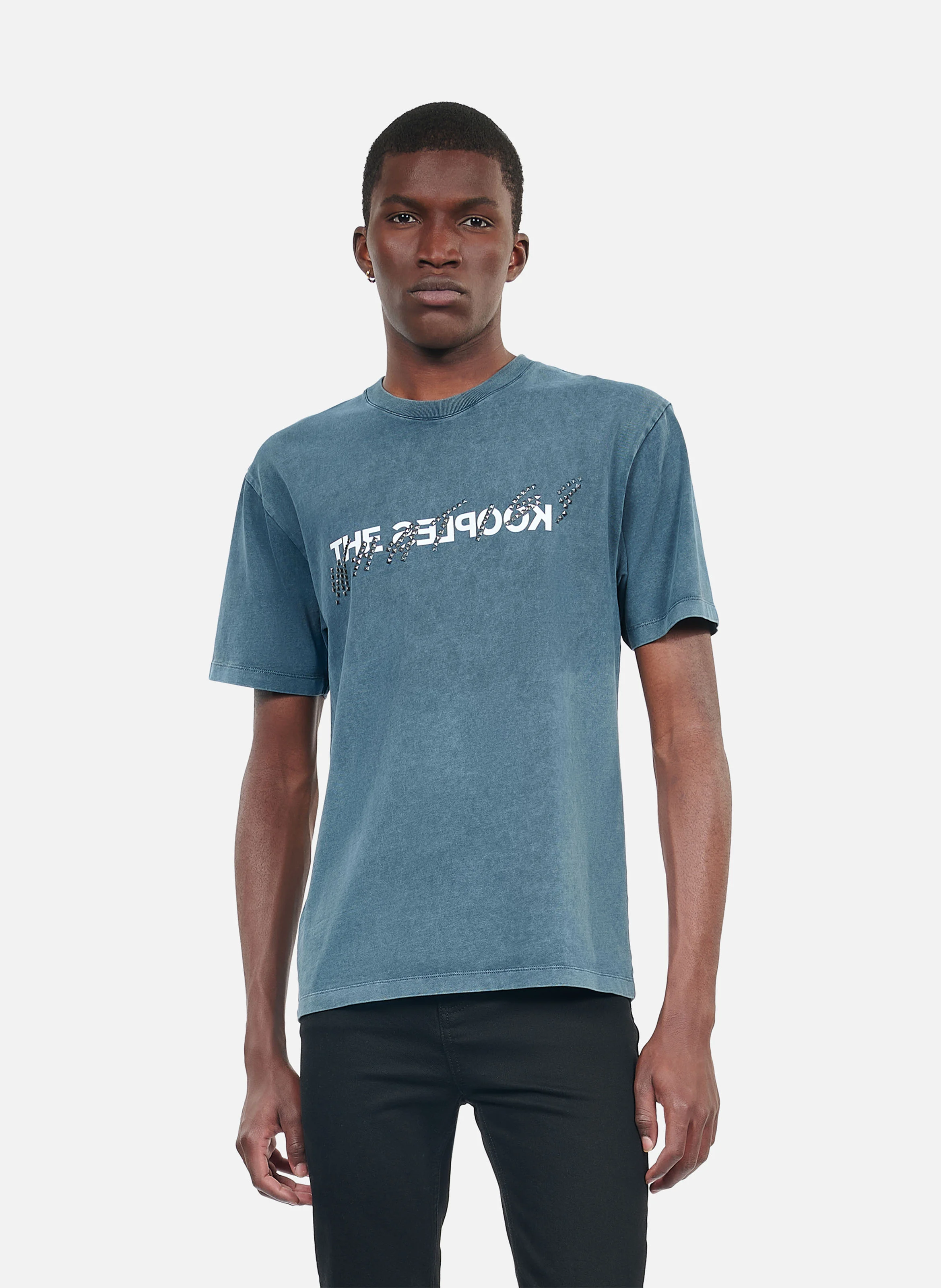 Tee-shirt col rond droit en coton sérigraphié | Bleu