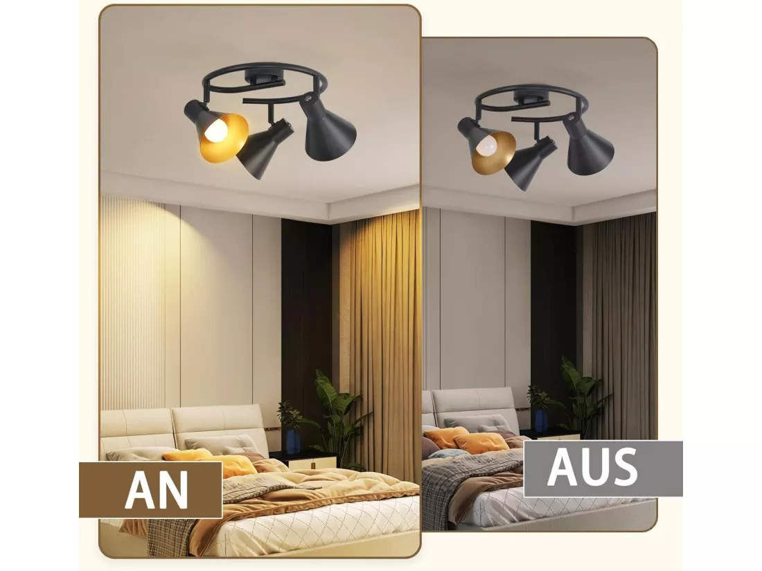 NETTLIFE 3 Spots Plafonnier Salon Noir Cuisine E14 Vintage Pivotante à 330°Industriel en Métal pour Chambre Couloir