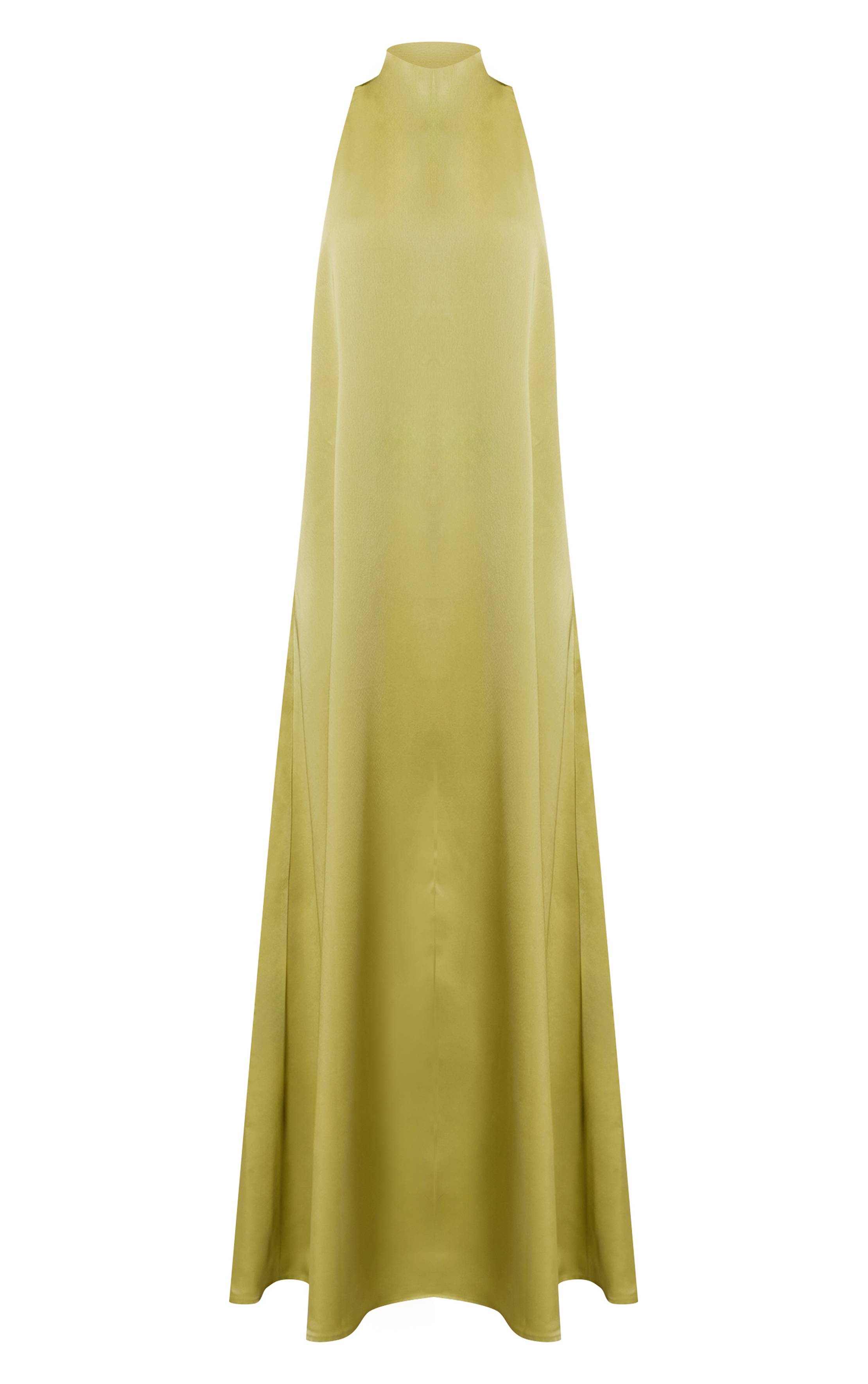 Chartreuse Robe Longue En Satin À Col Haut Échancré Et Dos Nu Extrême