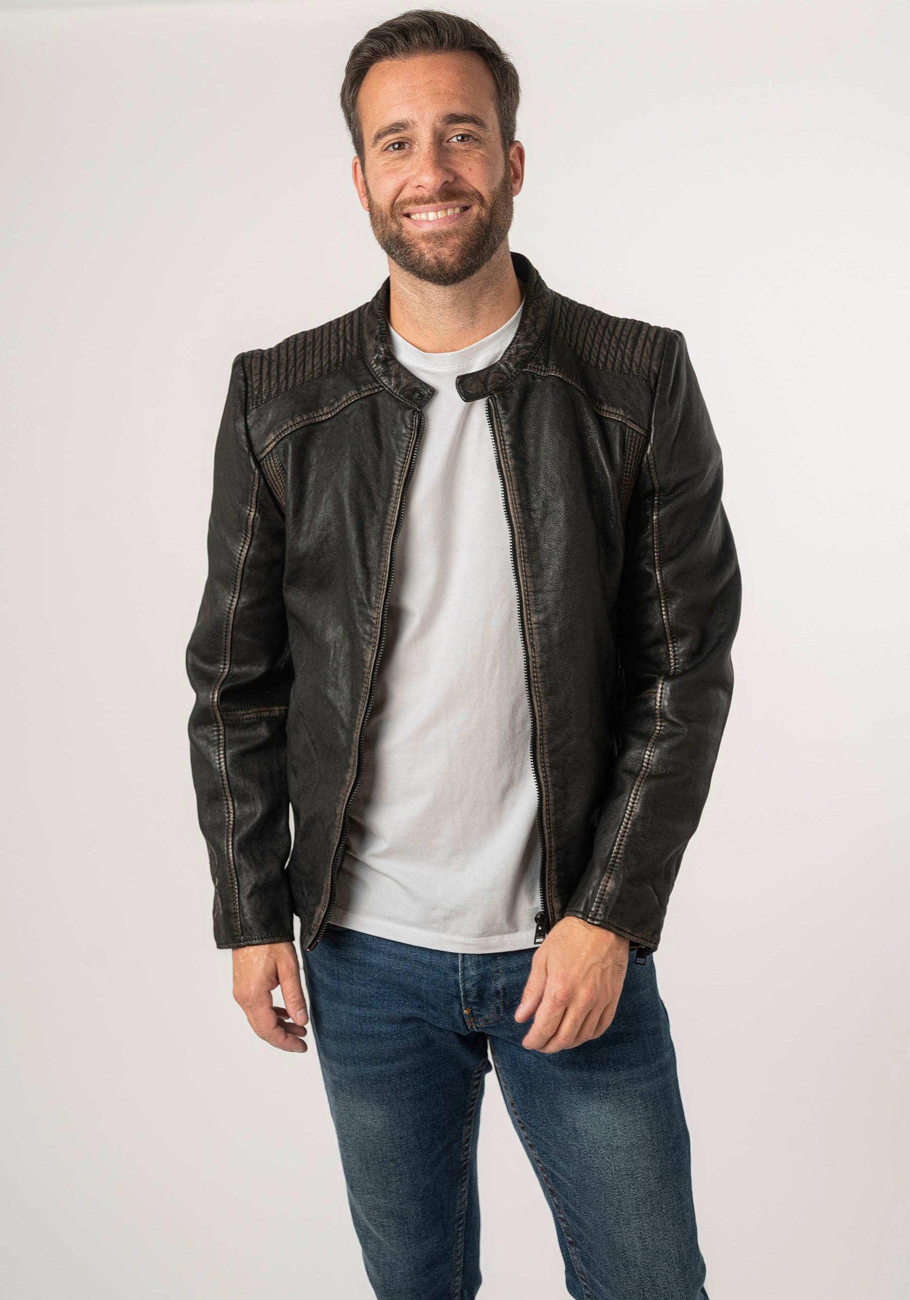 Mauritius Lederjacke »2Mgoji SF« mit markanten Ziernähten, Ziersteppung, Antik-Optik, Reissverschluss