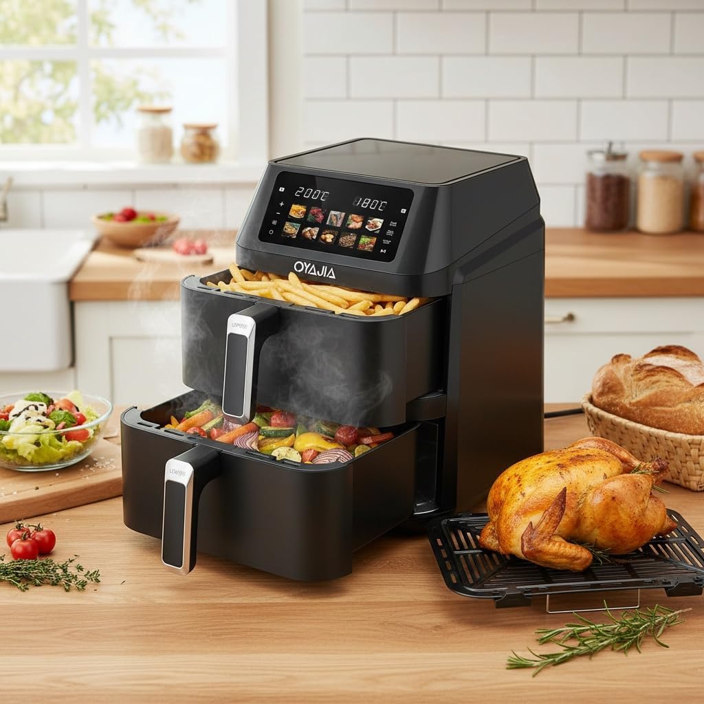 Airfryer, Heißluftfritteuse 2 Kammern, 12 L Heissluftfritteuse, Innovative Mehrfach-Luftgeschwindigkeit, Spart 41 Prozent Platz,10 Programme Mit Automatisch Voreingestellter