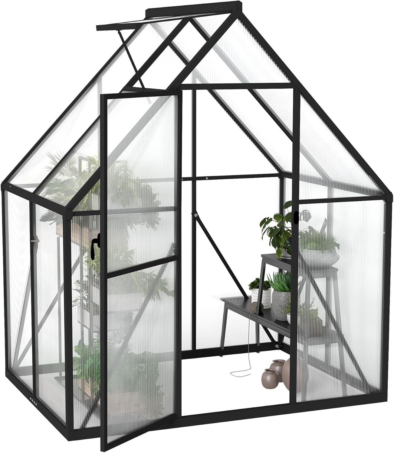 Froadp Gewächshaus aus Aluminium mit Fundament 125x180x195cm Gartengewächshäuser 4mm PC-Hohlkammerplatten Wetterfest Treibhaus, Tomatenhaus mit Fenstern Treibhaus für Garten & Aufzucht