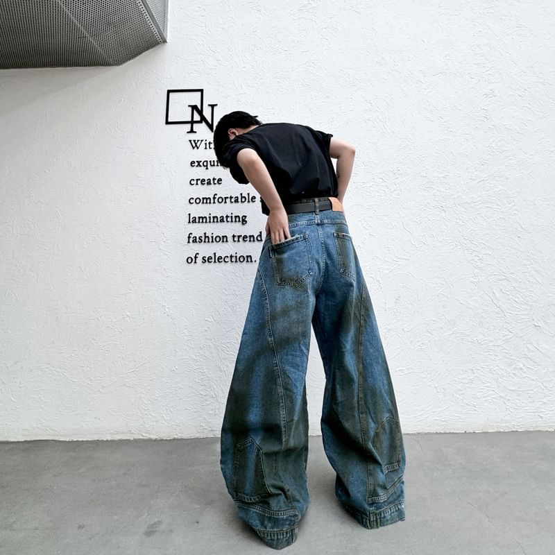 ravewider - Mid Rise Washed Distressed Wide Leg Jeans