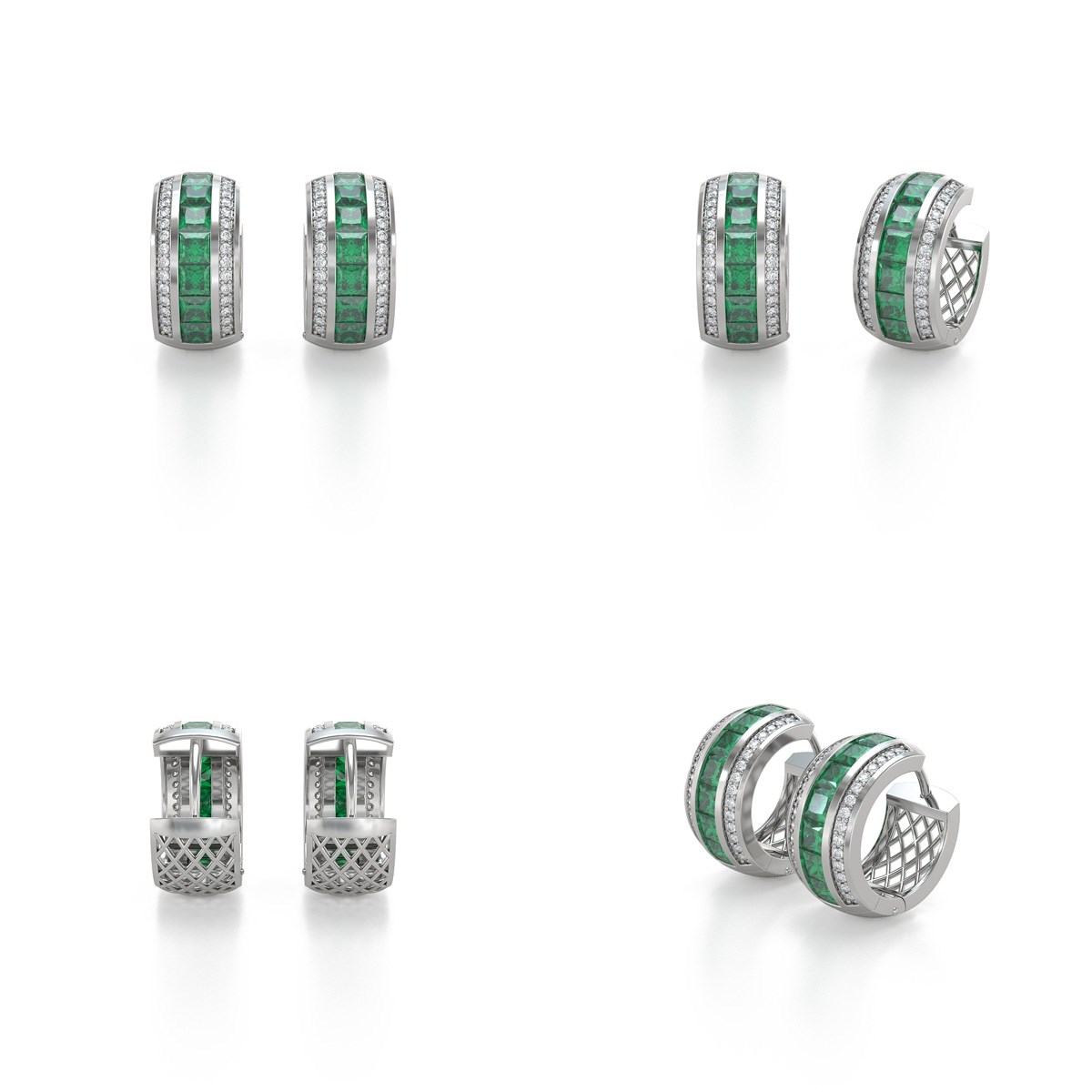 Boucles d'oreilles ADEN Or 585  Blanc Emeraude et Diamants 7.35grs