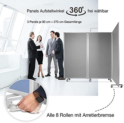 Floordirekt Filz Stellwand mobile Stellwandsystem 3-teilig - Filztafel Pinnwand mit Rollen - Trennwand Raumteiler - Präsentationswand Messewand - doppelseitig nutzbar (180 x 60 x 180 cm, Grau)