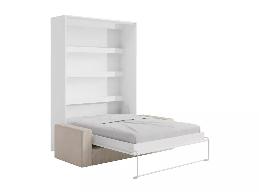 Lit escamotable 140 x 200 cm - Ouverture verticale manuelle - Avec LEDs - Blanc + Matelas + Canapé - RAPILI