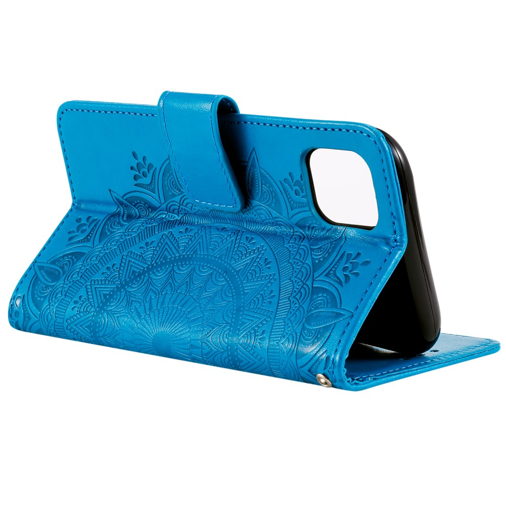 iPhone 13 Leder Tasche Wallet - Mandala Flowers Imprint - Blau