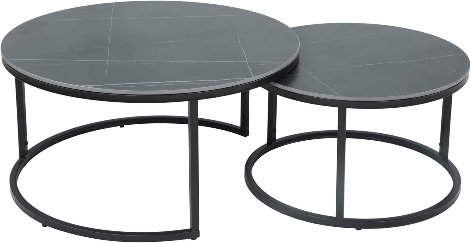 Hela Tische, 2er Set Couchtisch Luis, rund, Steinplatte Marmoroptik, Metallrahmen schwarz matt, Ø 80+60cm