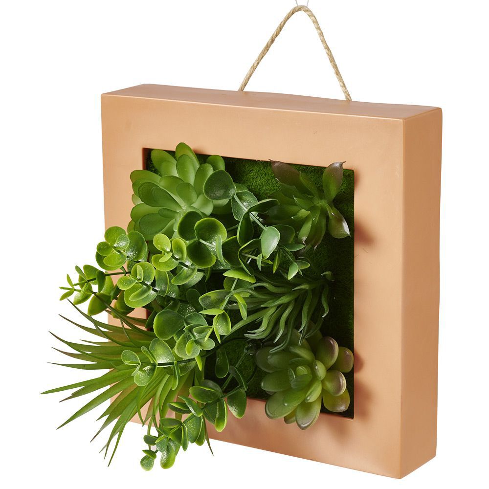 Plante artificielle dans cadre à suspendre vert ou orange 20x20cm