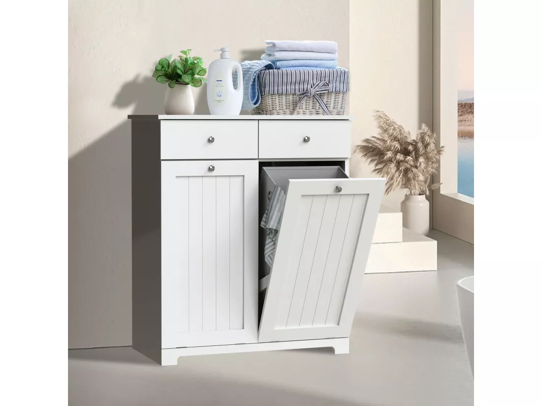 ML-Design Armoire à Linge avec 2 Sacs à Linge Pliables, Blanc, 75 x 37 x 90 cm, Collecteur avec 2 Tiroirs, Beaucoup d'Espace de Rangement, Coffre à Linge en MDF, Panier Robuste, Meuble Salle de Bain