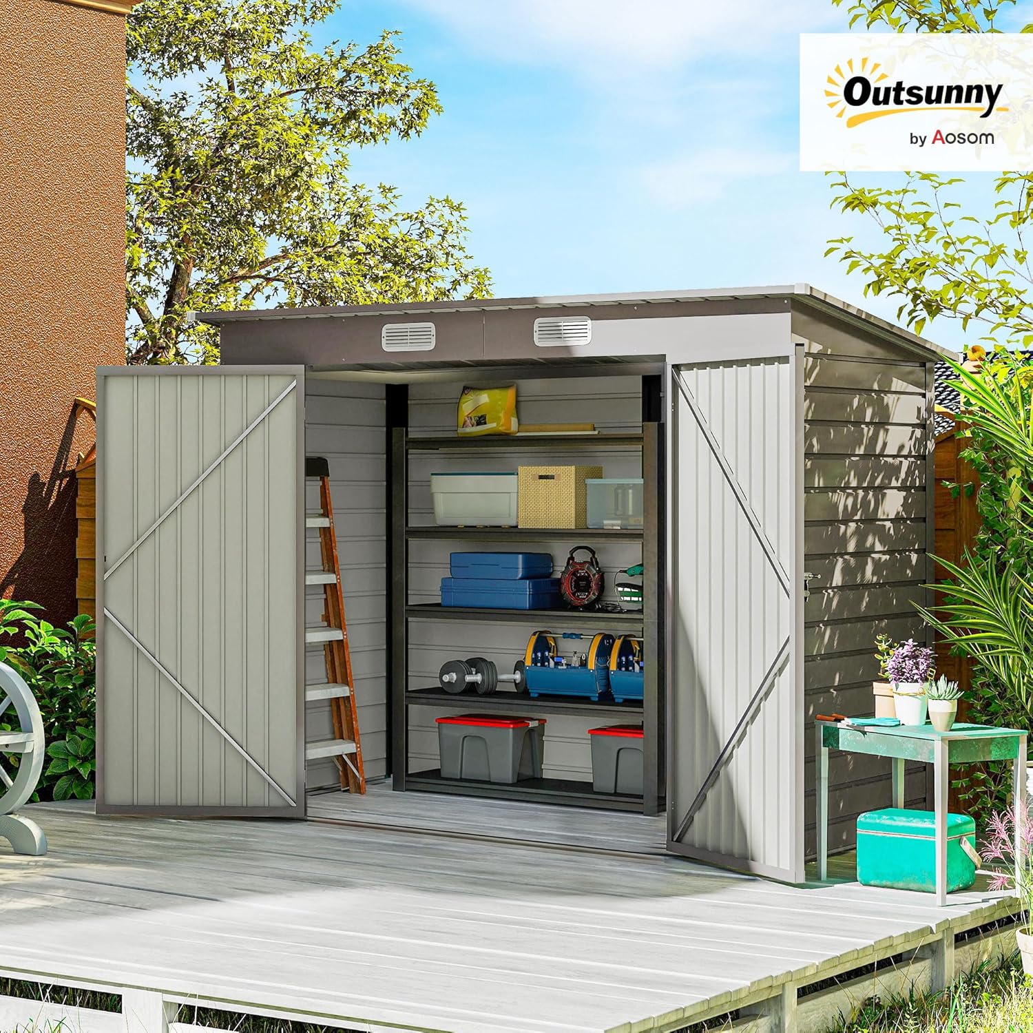 Outsunny Metall Gerätehaus 2,7 m² 249x121x183cm Geräteschuppen mit Pultdach Abschließbarer Doppeltür Entlüftung Schloss Rampe Gartenhaus Outdoor Garten Schuppen für Hinterhof Außenbereich Hellgrau