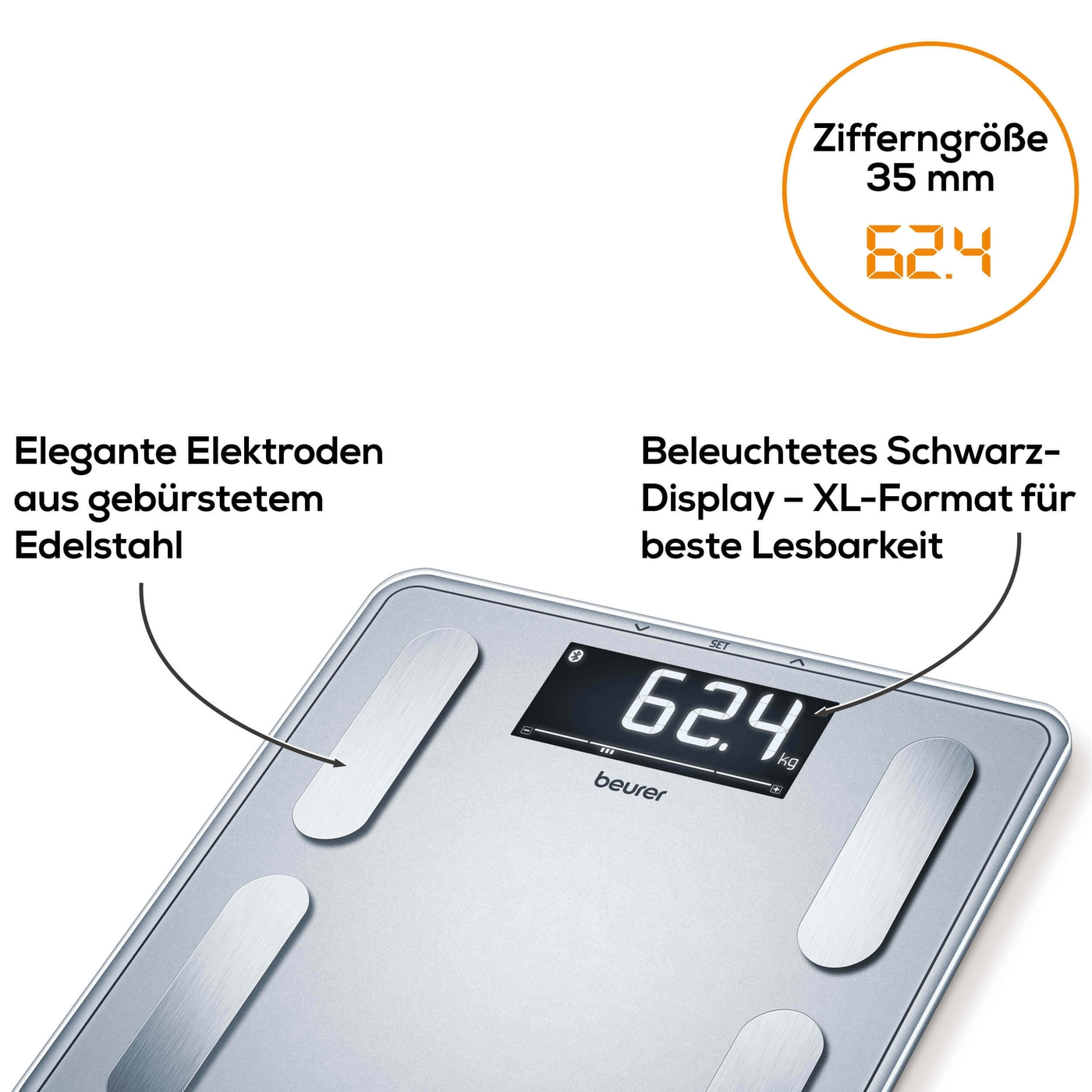 Diagnosewaage BF 405 Signature Line Bluetooth Personen Waage zur Körperanalyse mit App Funktion (iOS / Android) (76006) - Silber