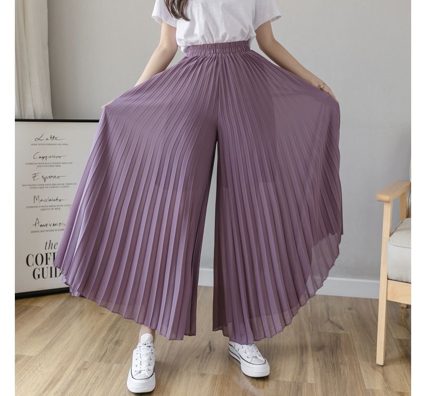 Dragan Pulse - Elastische taille, effen geplooide chiffon cropped broek met wijde pijpen