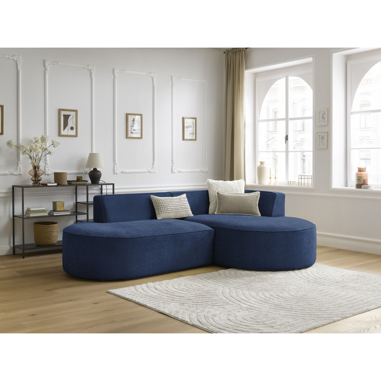 Bobochic Canapé d'angle droit fixe 4 places Rousseau texturé bleu foncé - 250x160x72 cm